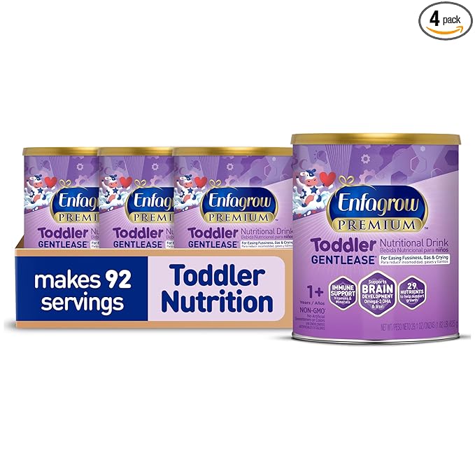 Enfagrow PREMIUM Gentlease Toddler Nutritional Drink, Made with Real Milk, Designed to Ease Fussiness, Gas & Crying, Nutrients for Growth & Immune Support, Powder Can, 29.1 Oz (Pack of 4)