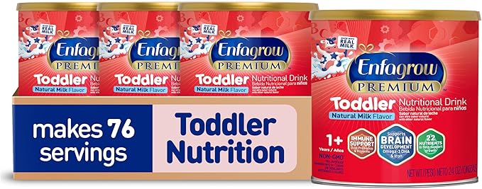 Enfagrow PREMIUM Toddler Nutritional Drink, Natural Milk Flavor, Omega-3 DHA for Brain Support, Prebiotics & Vitamins for Immune Health, Non-GMO, Powder Can, 24 Oz, Pack of 4
