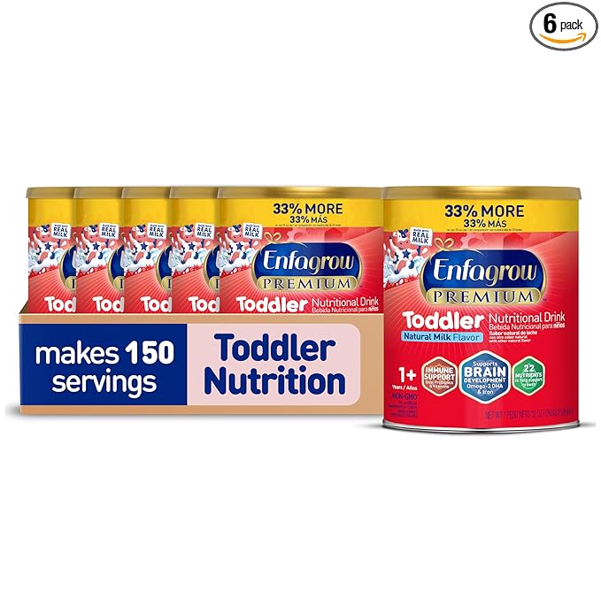 Enfagrow PREMIUM Toddler Nutritional Drink, Made with Real Milk, Brain-Building Omega-3 DHA, Nutrients and Prebiotics for Growth & Immune Support, Non-GMO, Toddler Milk Powder, 32 Oz Can, 6 Count