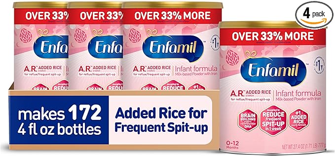 Enfamil A.R. Infant Formula, Proven to Reduce Reflux & Spit-Up in 1 Week, with Iron, DHA for Brain Development, Probiotics for Digestive & Immune Health, Powder Can, 27.4 Oz (Pack of 4)