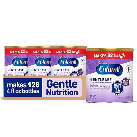 Enfamil Gentlease Baby Formula, Clinically Proven to Reduce Fussiness, Crying, Gas & Spit-up in 24 hours, Brain-Building Omega-3 DHA & Choline, Infant Formula Powder, Baby Milk, 19.9 Oz Can, 4 Count