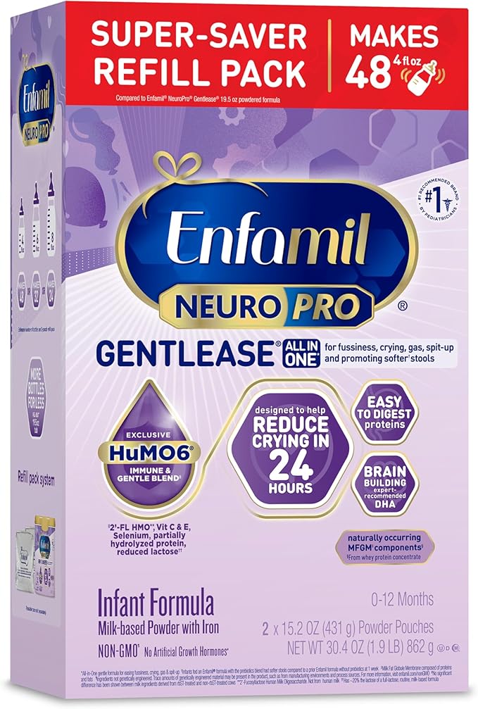 Enfamil NeuroPro Gentlease Baby Formula, Brain Building DHA, HuMO6 Immune Blend, Designed to Reduce Fussiness, Crying, Gas & Spit-up in 24 Hrs, has Prebiotics to Promote Softer Stools, Baby Milk, 30.4