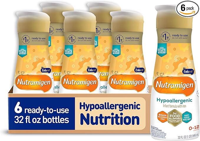 Enfamil Nutramigen Hypoallergenic Baby Formula with Iron, Lactose Free, Colic Relief from Cow's Milk Allergy Starts in 24 Hours, Brain Building DHA, Probiotic LGG for Immune Support, 32 Fl Oz, 6 Count