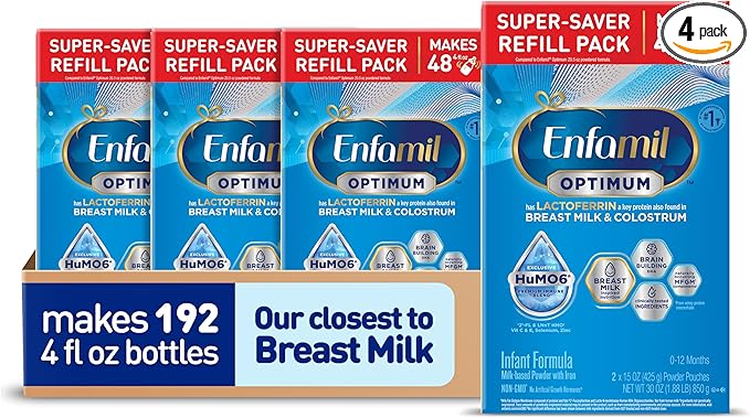 Enfamil Optimum (Enspire), Our Closest Formula to Breast Milk, Immune-Supporting Lactoferrin and Brain-Supporting DHA Baby Formula, Powder 30 Oz Refill, Pack of 4