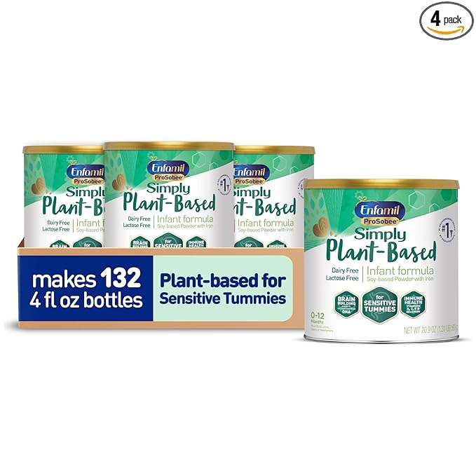 Enfamil Prosobee Plant based Baby Formula, for Sensitive Tummies, Soy-based Plant Sourced Protein, Vitamins for Immune Support, Lactose-free, Milk free, Gluten free, 20.9 Oz Can, 4 Count
