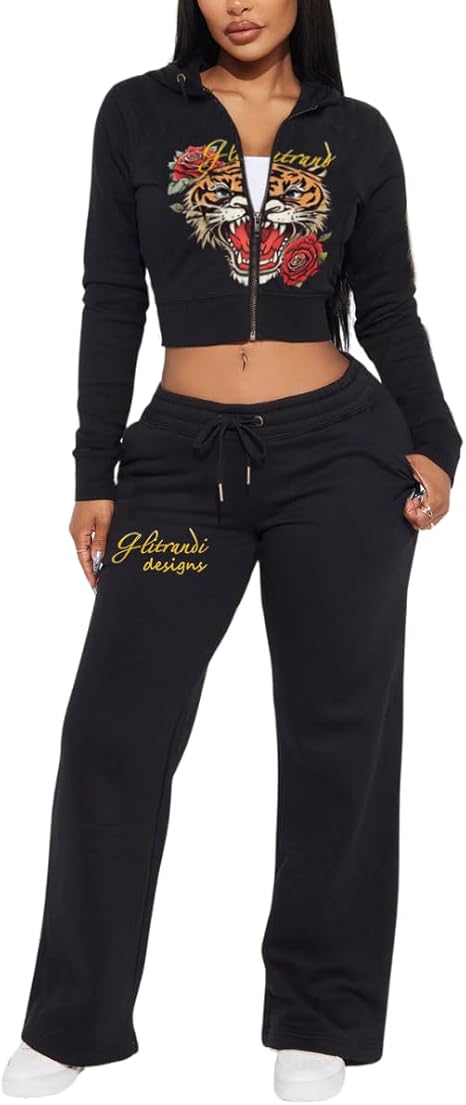 Glitrandi Womens 2 Piece Outfits Fashion Print Cropped Hoodies Jacket Sweatpants With Pockets Tracksuit For Women
