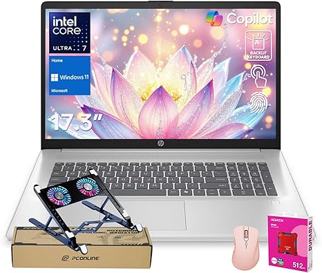 HP Business Copliot AI Laptop PC, 17.3" HD+ Touchscreen, Ultra 7 255U, 64GB DDR5 RAM, 4TB SSD, Wi-Fi 6, W11H, Backlit, Bundle with PCO Laptop Cooler & 512GB External SSD & Thunderobot Wireless Mouse