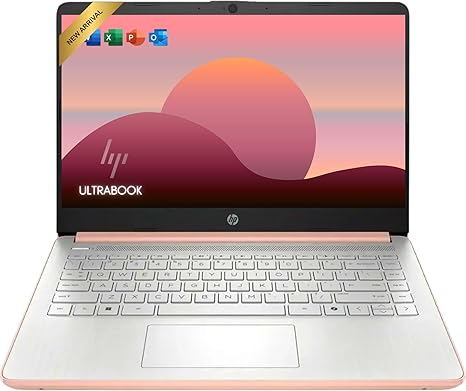 HP Rose Gold Ultrabook 14 Laptop with Microsoft 365 Home and Business • Intel 4-Core CPU • 1.1TB Storage (1TB OneDrive and 128GB SSD) • 8GB RAM • Windows 11 w/o Earphones