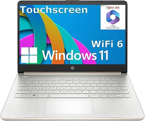 HP Touchscreen Laptop Computer for College Student Home Study, 1-Year Office 365, 4GB DDR4 RAM, 64GB eMMC, Intel Processor, 14 inch, WiFi 6, Bluetooth, Webcam, Type-C, HDMI, Pale Gold, Windows 11 S