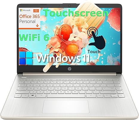 HP Touchscreen Laptop Computer for Home Student Study, 1-Year Office 365, 4GB DDR4 RAM, 64GB eMMC, Intel Processor, 14 inch Display, WiFi 6, Bluetooth, Type-C, Pale Gold, Windows 11 Home S