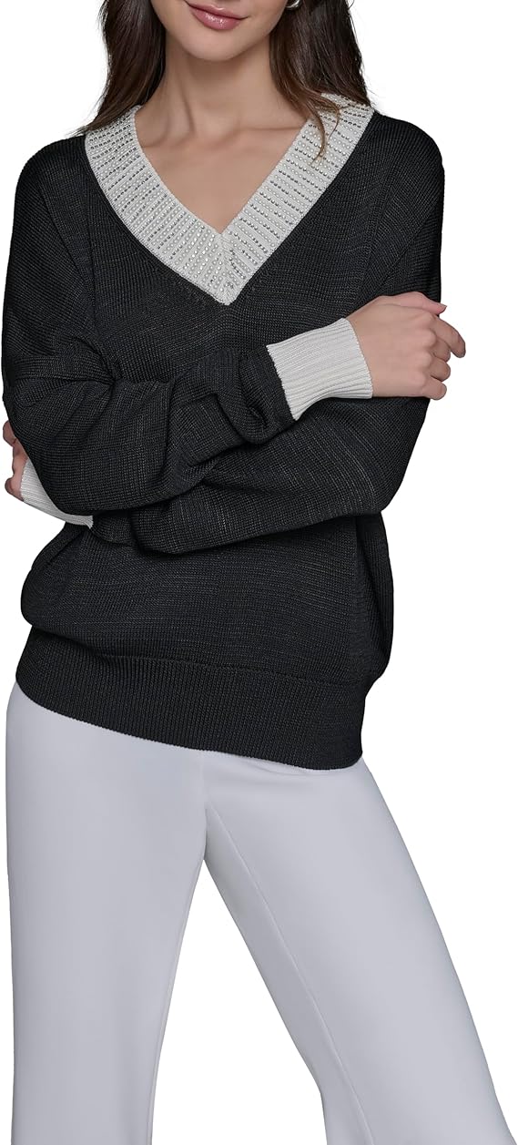 KARL LAGERFELD Women's V-Neck Sweater with Contrast Ribbed Trim and Long Sleeves