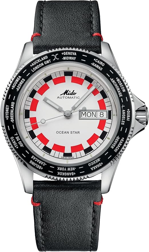 MIDO Ocean Star Worldtimer - Swiss Automatic Watch for Men - Retro Style Red and Black Chequered Dial with Day,Date Calendar - 40.5mm Stainless Steel - Black Leather Strap - M0268301603000