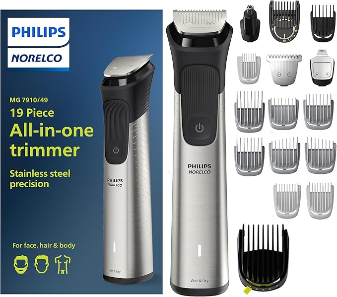 Norelco Philips Multigroom 7000 Series, All-in-One Trimmer, Beard Trimmer and Hair Clipper, 19-Piece Men's Grooming Kit for Beard, Head, Hair, Body, and Face, Soft Pouch, MG7910/49