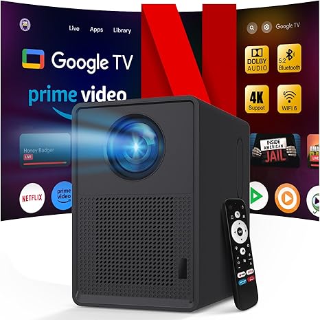 【Official Licensed Google TV/Netflix】4K Smart Projector with WiFi and Bluetooth : Unlimited Access to Streaming Apps, 1200 ANSI, Dolby Audio, 80% Zoom, 300" Portable Movie Projector for Indoor/Outdoor