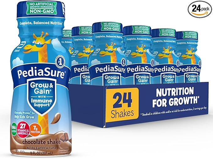 PediaSure Grow & Gain with Immune Support, 27 Vitamins & Minerals for Kids, 7g Protein, Non-GMO, Gluten-Free, Chocolate, 8-fl-oz Bottle, Pack of 24