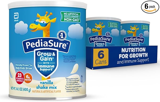 PediaSure Grow & Gain with Immune Support Shake Mix Powder, 23 Vitamins & Minerals, 6g Protein, Non-GMO, Gluten-Free, Kids Nutrition, Vanilla, 14.1 oz Can, Pack of 6-48 servings