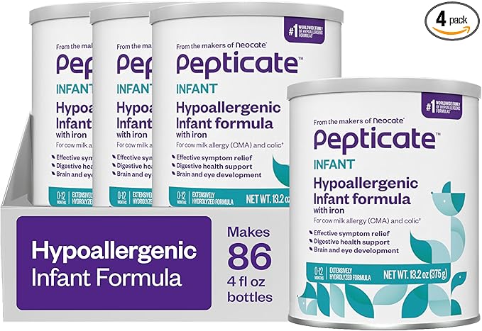 Pepticate Baby Formula, Hypoallergenic Powdered Infant Formula for Cow Milk Allergy, with Omega 3 DHA, ARA, Iron & Prebiotics, 13.2oz (Pack of 4)