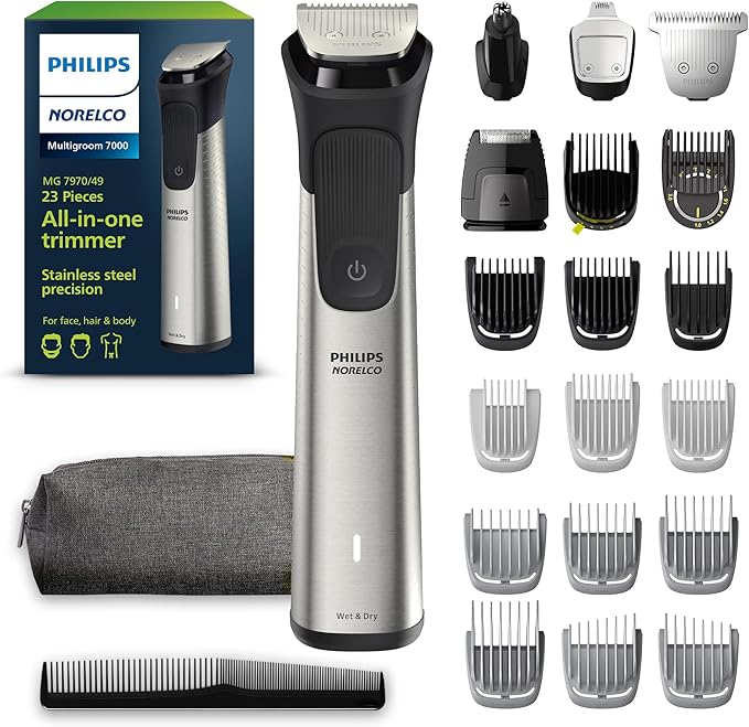Philips Norelco Multigroom 7000 Series, All-in-One Trimmer, Beard Trimmer and Hair Clipper, 23-Piece Men's Grooming Kit for Beard, Face, Nose, Ear, Body, with Titanium Blades, Travel Pouch, MG7970/49