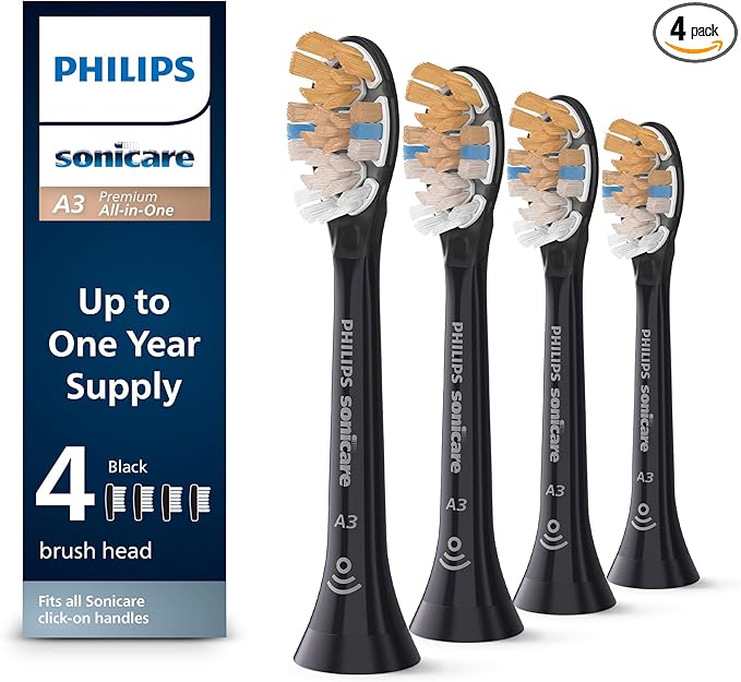 Philips Sonicare A3 All-in-One - Genuine Replacement Electric Toothbrush Heads, Black, 4 Pack One Year Supply, HX9094/95