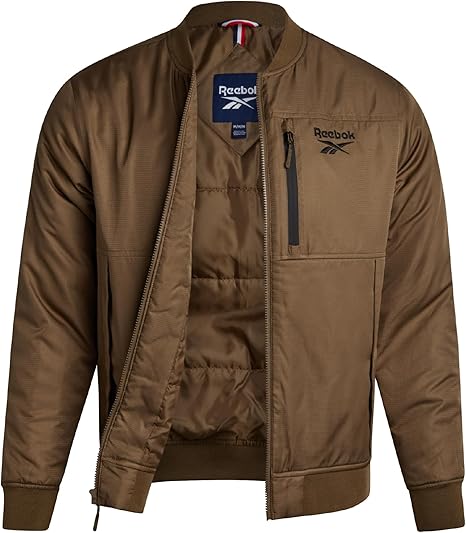 Reebok Mens Bomber Jacket - Insulated Zip Up Windbreaker Jackets for Men - Casual Golf Gym & Hiking Mens Lightweight Jackets