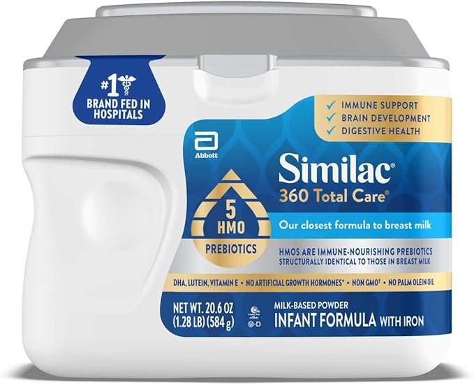 Similac 360 Total Care Infant Formula, Has 5 HMO Prebiotics, Our Closest Prebiotic Blend to Breast Milk, Non-GMO, Baby Formula Powder, 20.6-oz Tub