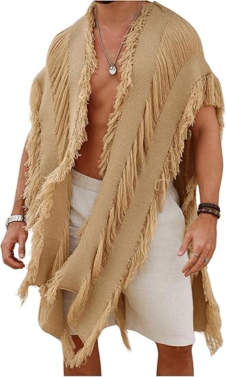 Verdusa Men's Knit Poncho Open Front Fringe Fall Loose Cardigan Cape Knit Shawl Wrap