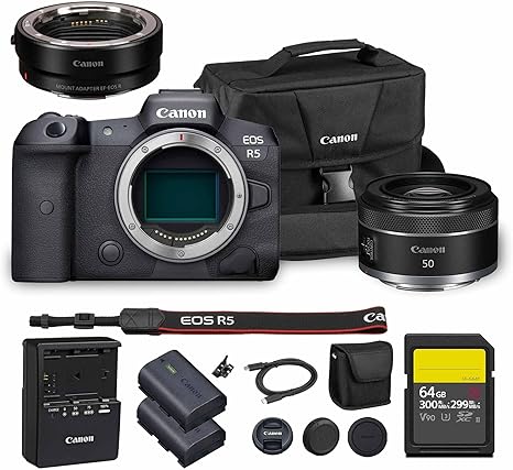 Canon EOS R5 Mirrorless Camera | 45MP Full Frame Sensor 8K Video | in-Body Image Stabilization and Dual Pixel AF for Hybrid Creators (4147C002) RF 50mm f/1.8 STM Lens + Adapter EF-EOS R + More