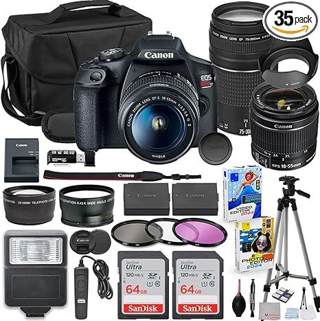 Canon EOS Rebel T7 DSLR Camera with 18-55mm & 75-300mm Lens Bundle with Extra Canon Battery + 2X 64GB Memory Cards + Accessory Kit Including Bag, Flash, Aux Lenses, Software & More