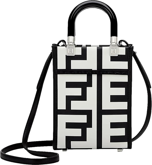 FENDI FF Mini Bag Shopper Tote Crossbody Bag Leather Black and White 8BS051 New