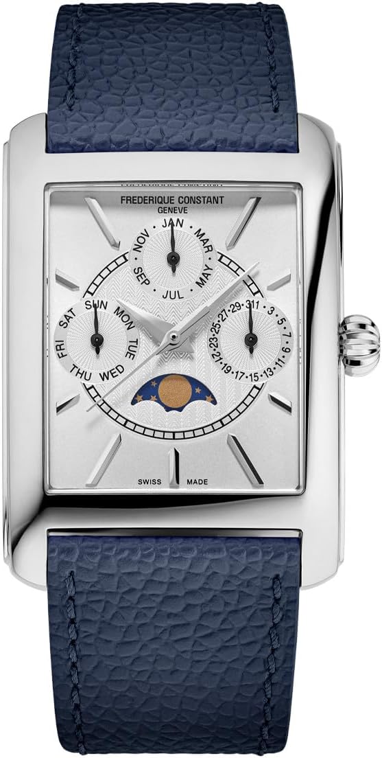 Frederique Constant Men's Swiss Made Classic Carré Moonphase Quartz Silver Stainless Steel Case Watch and Navy Leather Strap Style: FC-265S4C6