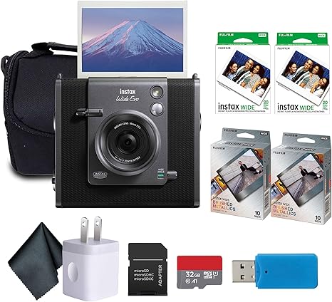 Fujifilm Instax Wide Evo Hybrid Instant Film Camera Bundle with 2X Brushed Metallics Instant Film (20 Exposures) + 2X Instax Wide Instant Film 2 Pack (40 Sheets) + 32GB Memory Card + Cleaning Cloth