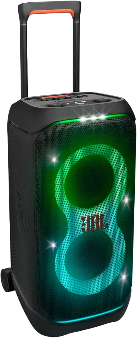 JBL PartyBox Stage 320 - Portable Party Speaker with Telescopic Handle & Wide, Sturdy Wheels, Powerful JBL Pro Sound, Futuristic lightshow, Up to 18 Hours of Play time, Splash Proof (Black)