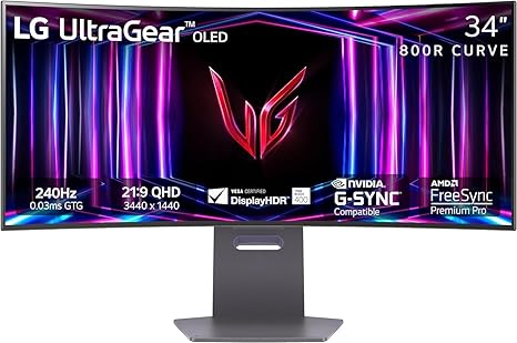 LG 34GS95QE 34-inch Ultragear OLED Curved Gaming Monitor WQHD 1440p 800R 240Hz 0.03ms AMD FreeSync Premium Pro NVIDIA G-Sync HDMI 2.1 DisplayPort Tilt/Height/Swivel Stand Black