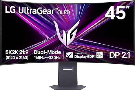 LG 45GX950A-B 45-inch Ultragear 5K2K WUHD (5120 x 2160) OLED Curved Gaming Monitor, Dual-Mode, 165Hz, 0.03ms, NVIDIA G-Sync, AMD FreeSync Premium Pro, HDR True Black 400, USB Type-C 90W, DP2.1, Black