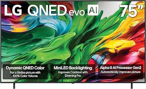 LG 75-Inch Class QNED evo AI QNED85A Series Mini LED 4K Smart TV w/AI Picture, AI Sound, HDR10, AI Super Upscaling 4K, Filmmaker Mode, Wow Orchestra, Alexa Built-in (75QNED85AUA, 2025)