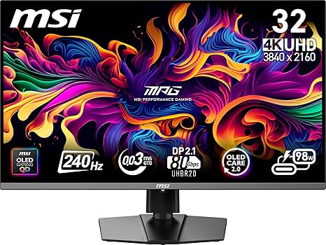 MSI MPG 322URX QD-OLED 32-inch 3840 x 2160 (UHD) Computer Monitor, 240Hz, Adaptive-Sync, HDMI, DP Port, VESA Mountable, Tilt, Speaker, 0.03ms, Black
