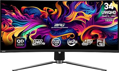 MSI MPG 341CQPX QD-OLED 34-inch Curved OLED Gaming Monitor, 3440 x 1440 (UWQHD), 0.03ms Response time, 240Hz, True Black HDR 400, HDMI, DP Port, USB Type C, Tilt, Height Adjustable