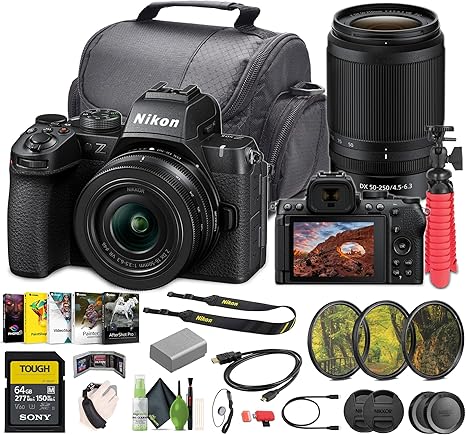 Nikon Z50II Mirrorless Digital Camera with NIKKOR Z DX 16-50mm f/3.5-6.3 & 50-250mm f/4.5-6.3 VR Lenses Bundle with 64GB Memory Card + Cleaning Kit + More Vlogging Accessories