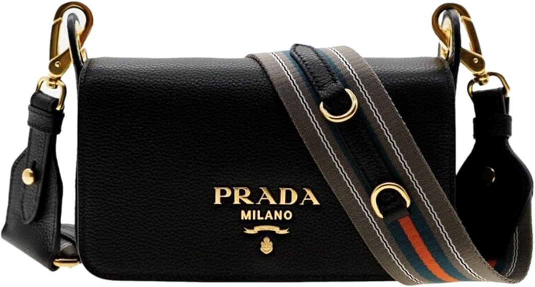 Prada Milano Small Leather Crossbody Bag, Black with Web Strap, 8 x 5 x 2 inches