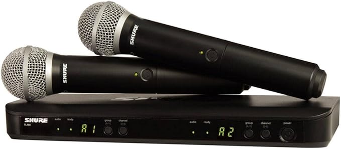 Shure BLX288/PG58 Wireless Microphone System - 14-Hour Battery Life, 300 ft Range, UHF | Includes (2) PG58 Handheld Vocal Mics, Dual Channel Receiver | J11 Band (BLX288/PG58-J11)
