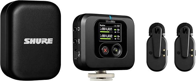 Shure MoveMic Two Kit - Pro Wireless Lavalier Microphones with Camera Receiver for DSLRs, iPhone, Android, Mac & PC, 2 Bluetooth Mini Mics, 24 Hours Charge, IPX4, Portable Clip Lavs (MV-Two-KIT-Z7)